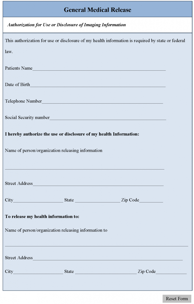 General Medical Release Form Editable Forms