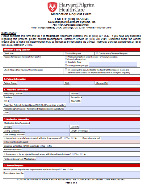 Harvard Pilgrim Health Care Medication Prior Authorization Form