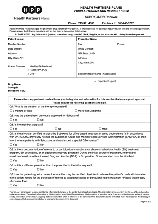 Health Partners Plans Prior Authorization Form PlanForms