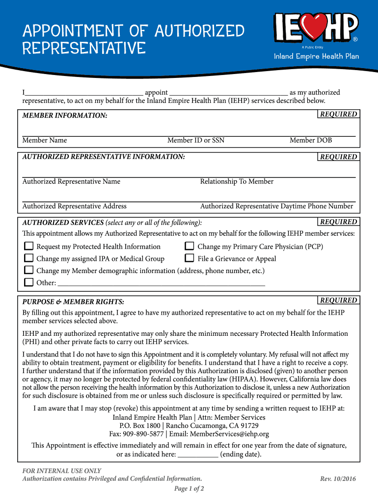 IEHP Appointment Of Authorized Representative 2016 2021 Fill And Sign 