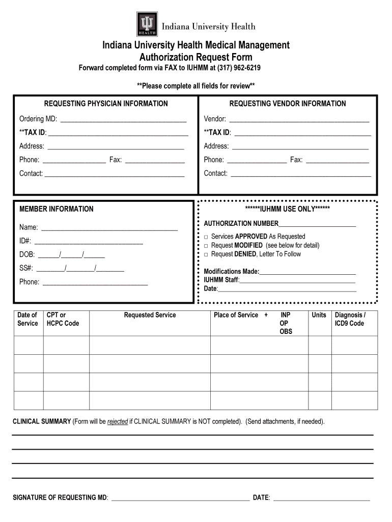 IN IU Authorization Request Form Fill And Sign Printable Template