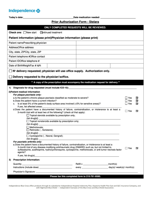 Independence Prior Authorization Form Stelara Printable Pdf Download