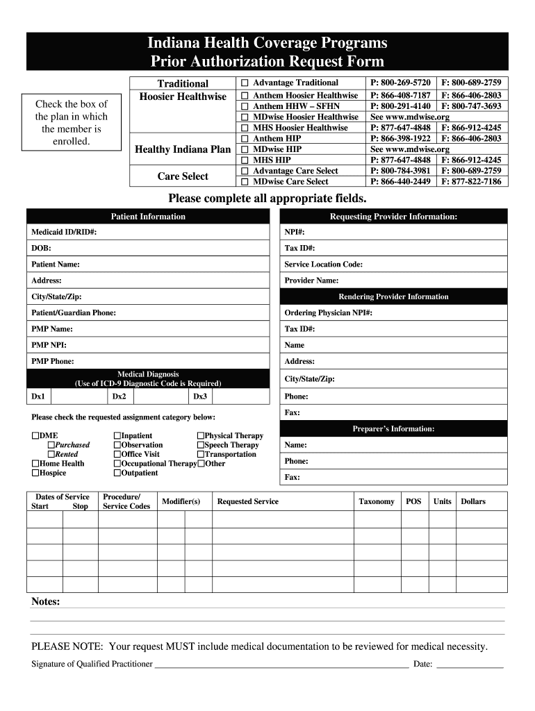 Indiana Prior Authorization Fill Online Printable Fillable Blank