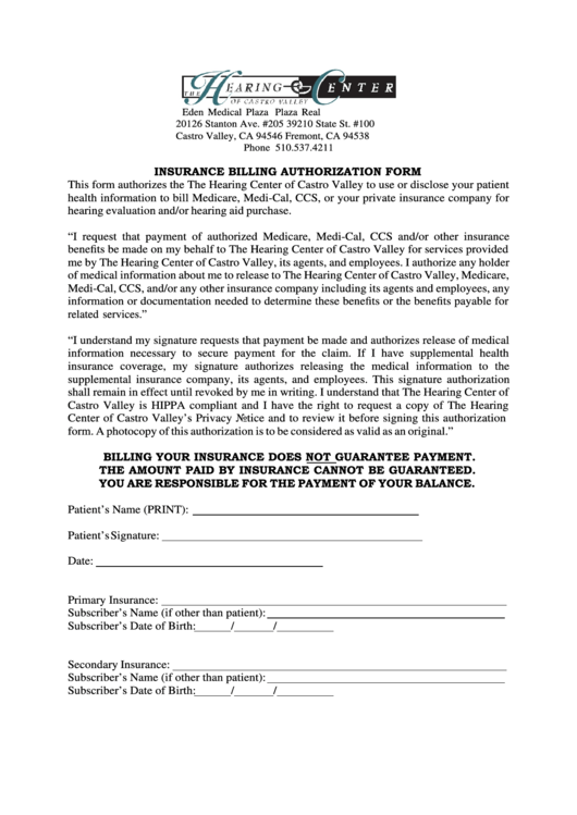 Insurance Billing Authorization Form Printable Pdf Download