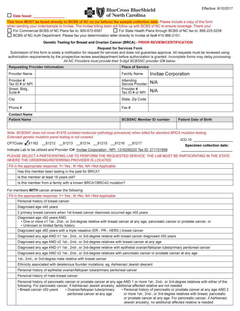 Invitae Invitae Blue Cross Blue Shield NC BRCA authorization form 