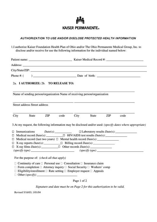 Kaiser Authorization Form Printable Pdf Download