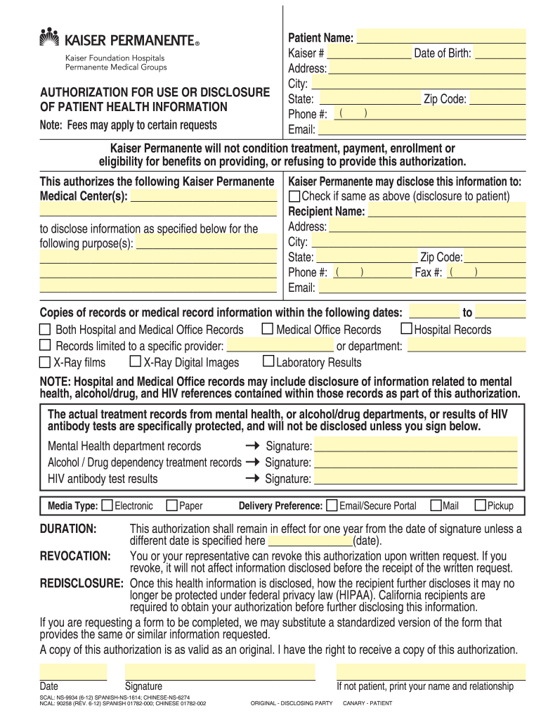 Kaiser Hipaa Form Fill Online Printable Fillable Blank PdfFiller