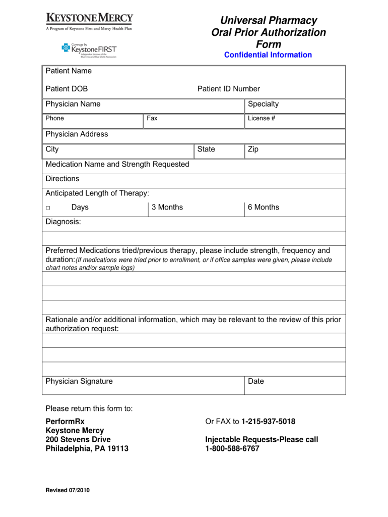 Keystone First Universal Pharmacy Oral Prior Authorization Form 2020 