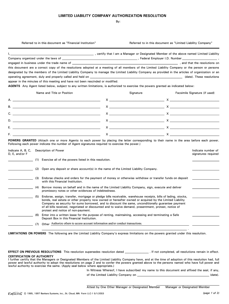 LIMITED LIABILITY COMPANY AUTHORIZATION RESOLUTION 2020 2021 Fill And 