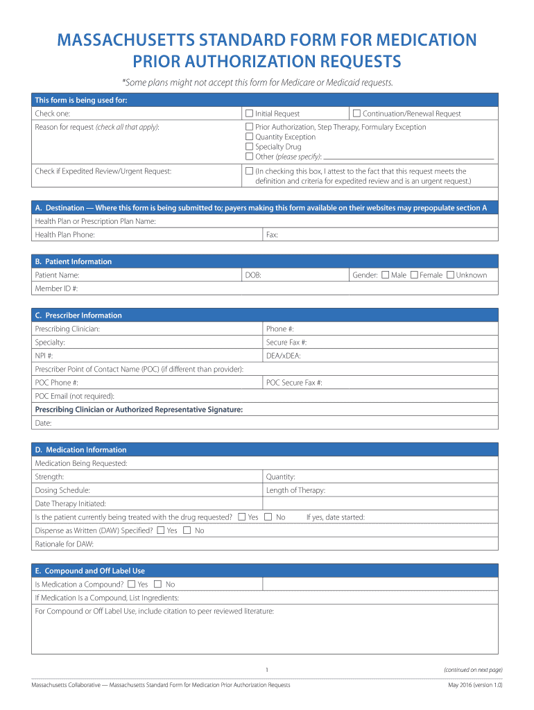 Massachusetts Standard Form For Medication Prior Authorization Requests 