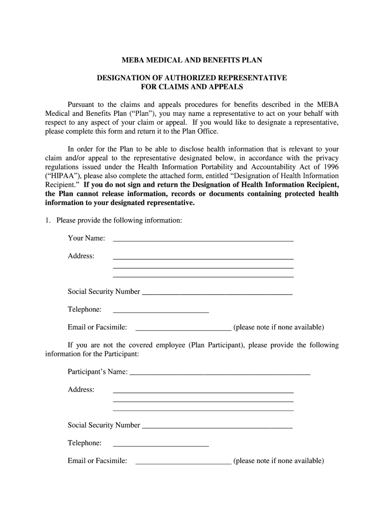 MEBA Medical Plan Designation Of Authorized Representative Form Fill 