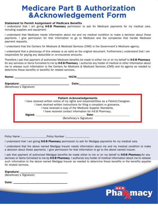 Medicare Part B Authorization Acknowledgement Form Printable Pdf Download