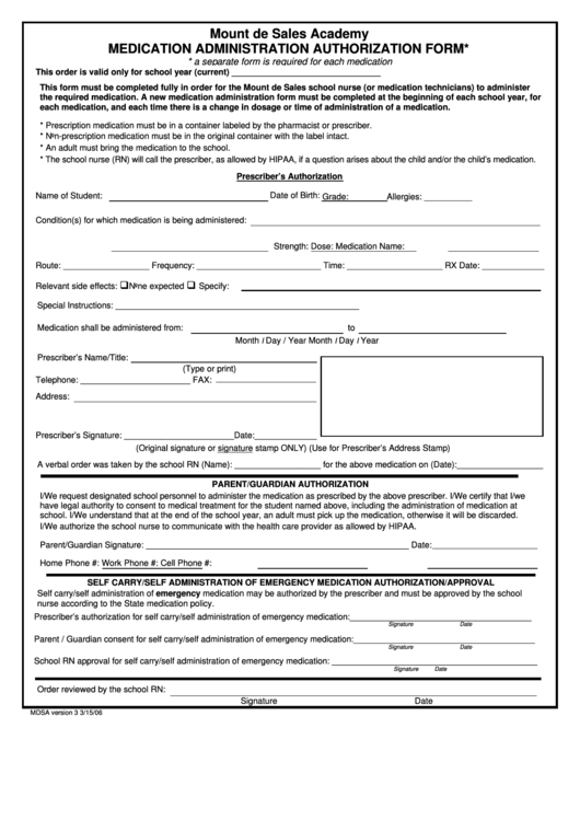 Medication Administration Authorization Form 2006 Printable Pdf Download