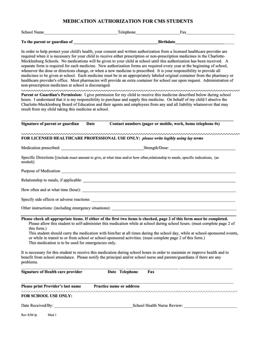 Medication Authorization For Cms Students Form authorization For Self 