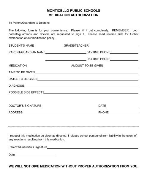 Medication Authorization Form Monticello Middle School