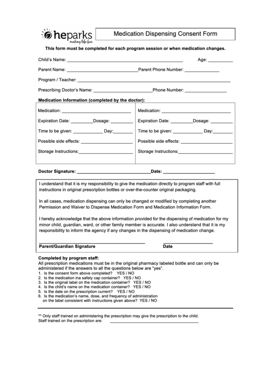 Medication Dispensing Consent Form Hoffman Estates Park District 