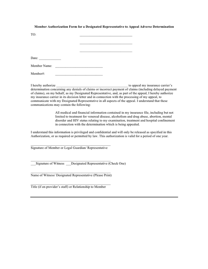 Member Authorization Form For A Designated Representative In Word And 