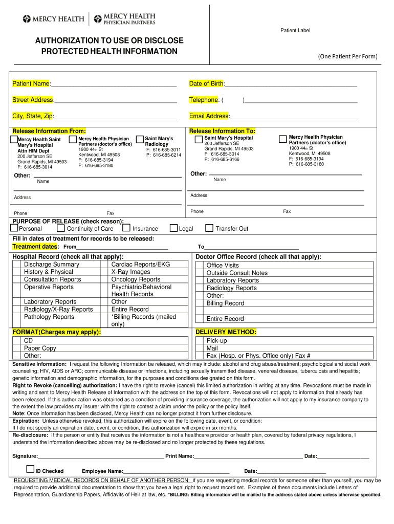 Mercy Health Authorization Disclose Form Fill Online Printable 