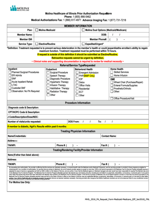 Molina Healthcare Of Illinois Prior Authorization Request Printable Pdf