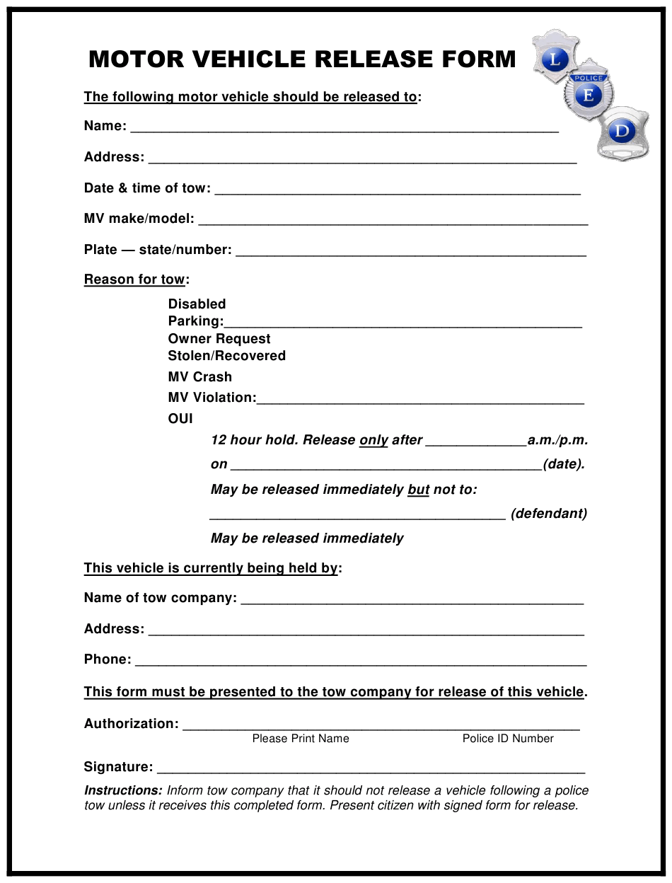 Motor Vehicle Release Form Led Police Download Printable PDF 