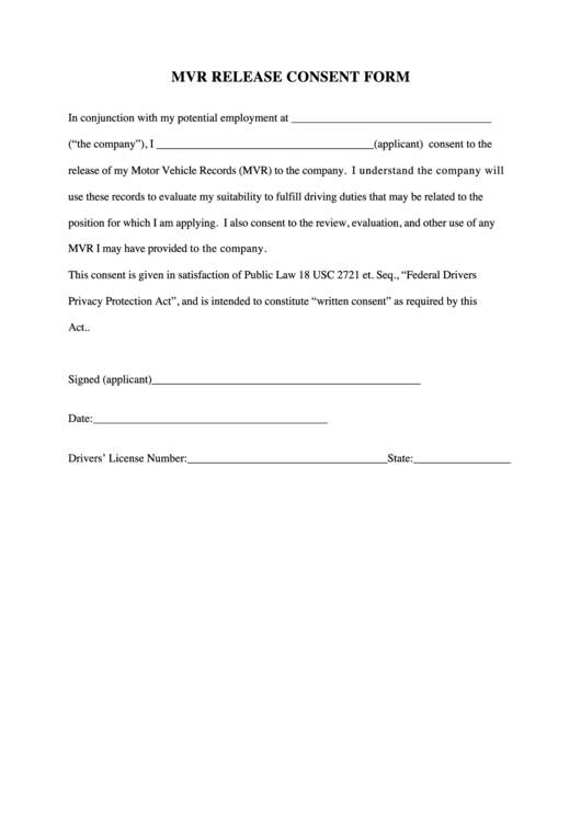 Mvr Release Consent Form Printable Pdf Download