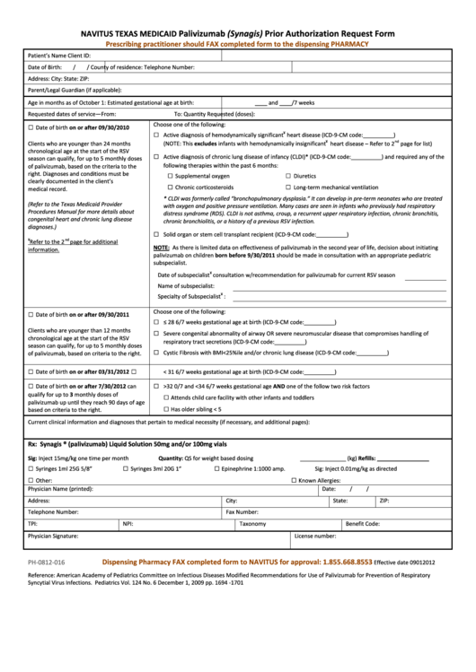 Navitus Texas Medicaid Palivizumab Synagis Prior Authorization 