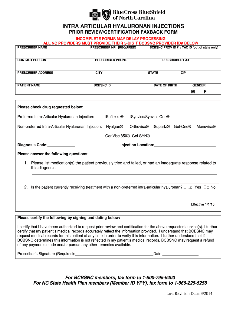 NC BCBSNC Prior Review Certification Faxback Form 2014 Fill And Sign