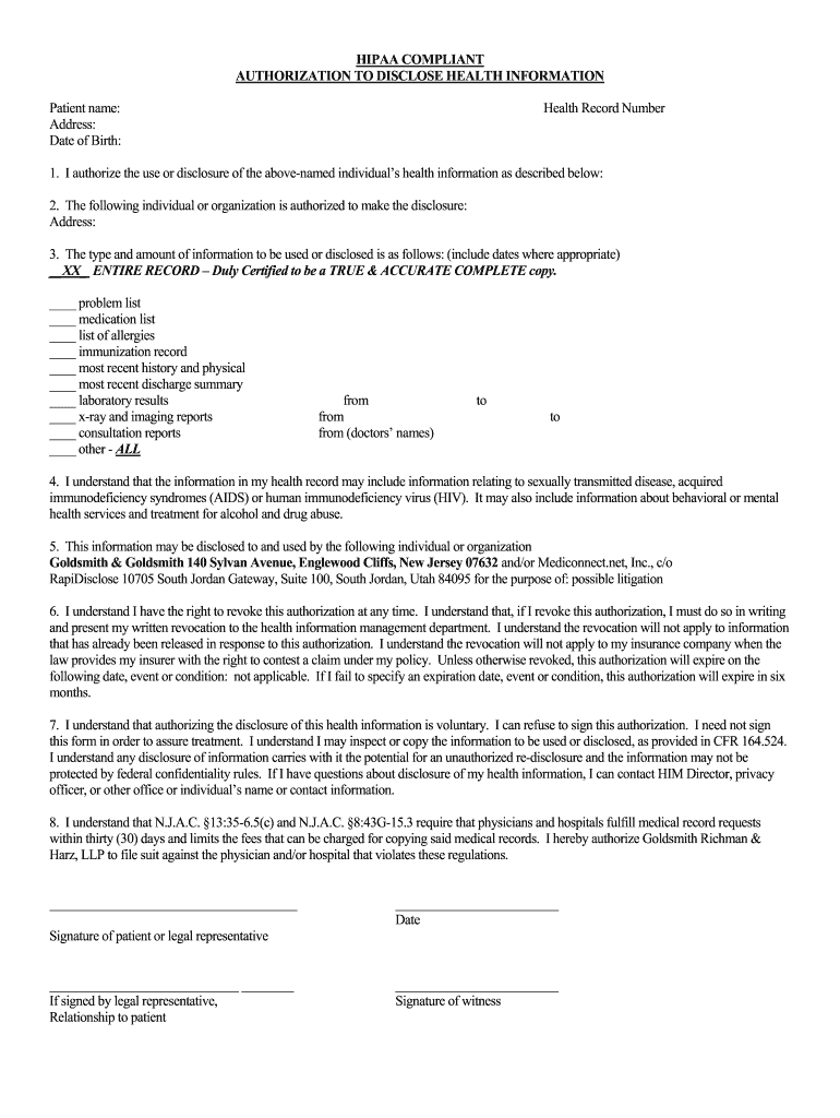 Nj Hipaa Release Form 2020 Fill And Sign Printable Template Online 