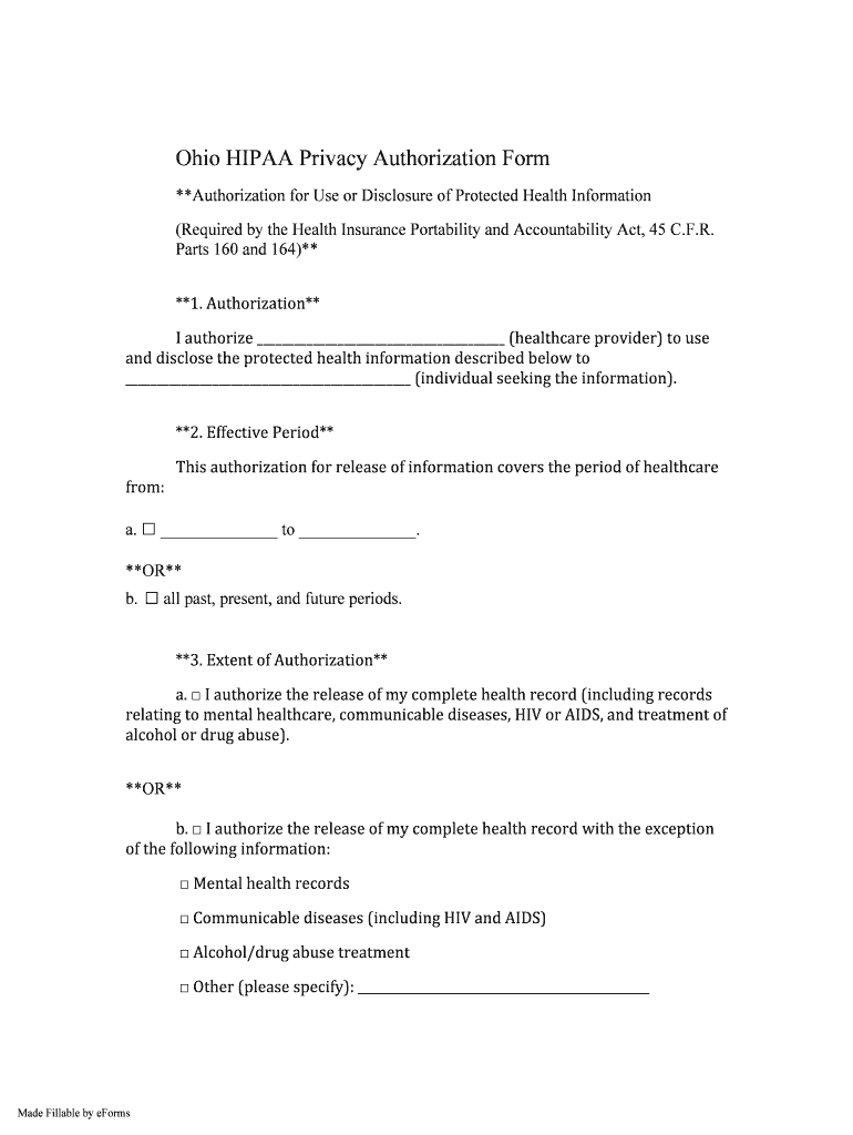 OH HIPAA Privacy Authorization Form Fill And Sign Printable Template 