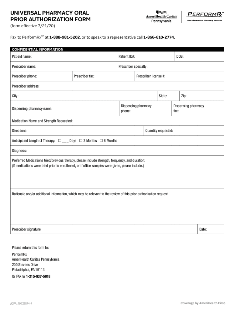 PA AmeriHealth Caritas Universal Pharmacy Oral Prior Authorization Form 