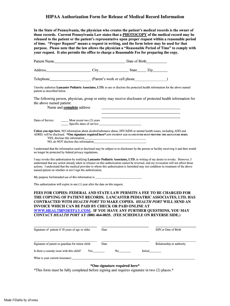 PA HIPAA Authorization Form For Release Of Medical Record Information 