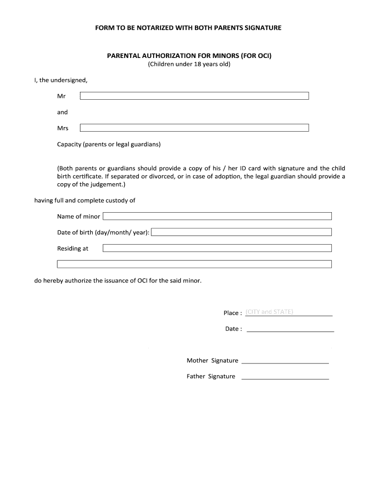 Parental Authorization Form For Minors Oci Fill Out And Sign 