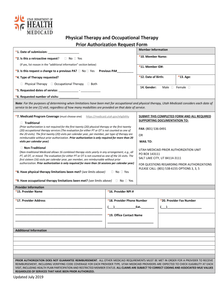 Physical Occupational Therapy Authorization Request Form Fill Out 