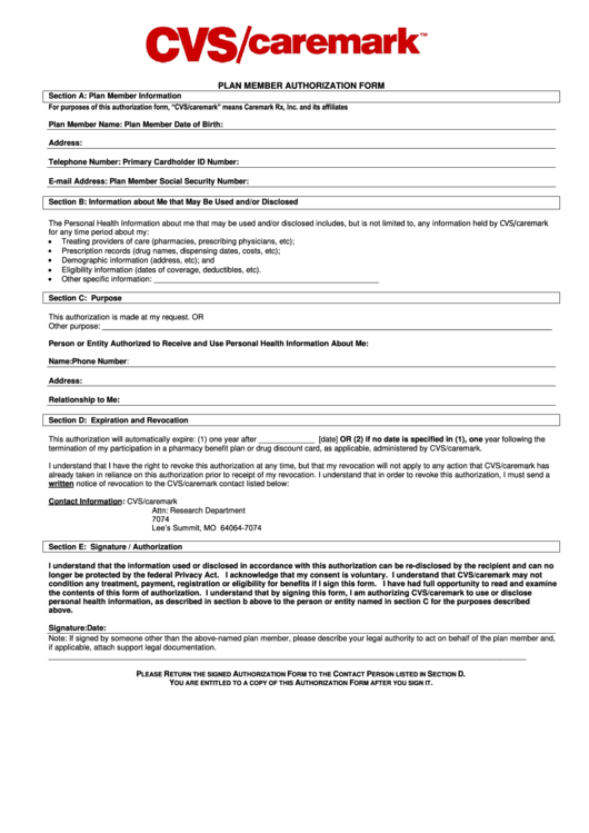 Plan Member Authorization Form Cvs caremark Printable Pdf Download