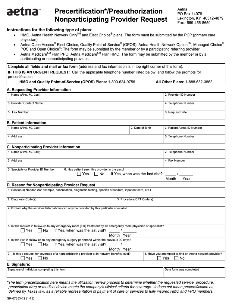 Precertification Request Form For Non Participating Providers Aetna 