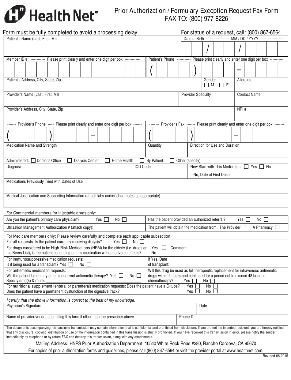 Prior Authorization Formulary Exception Request Fax Form Health Net 