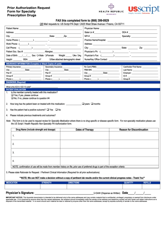 Prior Authorization Request Form For Specialty Prescription Drugs Us 