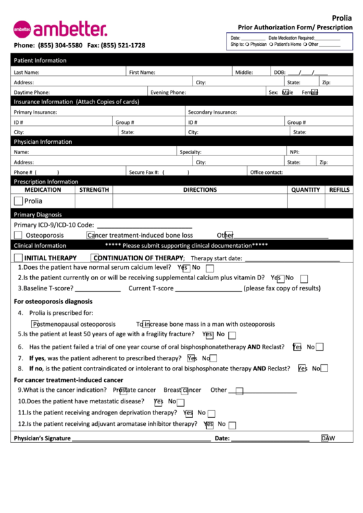 Prolia Prior Authorization Form Prescription Ambetter Printable Pdf