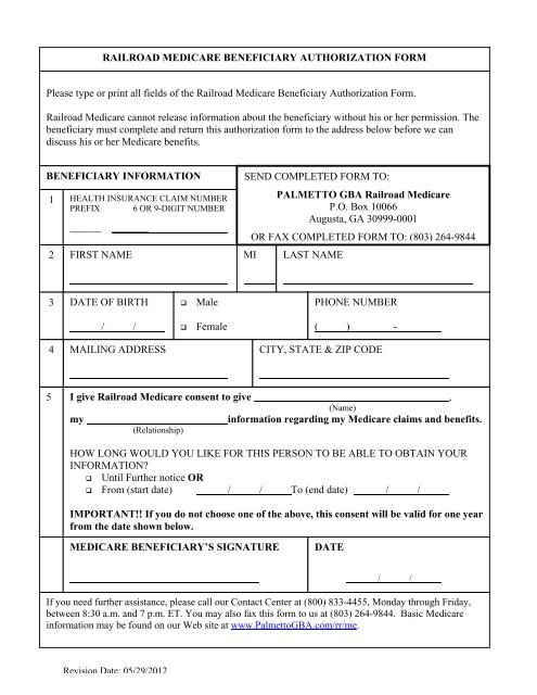 Railroad Medicare Beneficiary Authorization Form Palmetto GBA