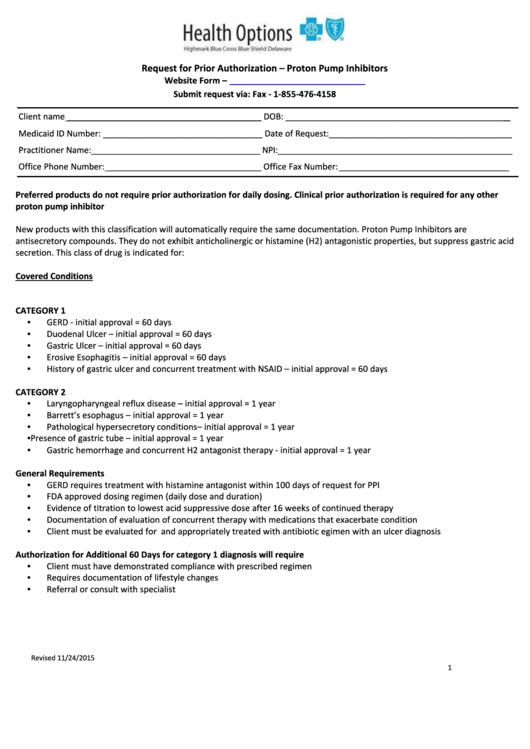 Request For Prior Authorization Form Proton Pump Inhibitors