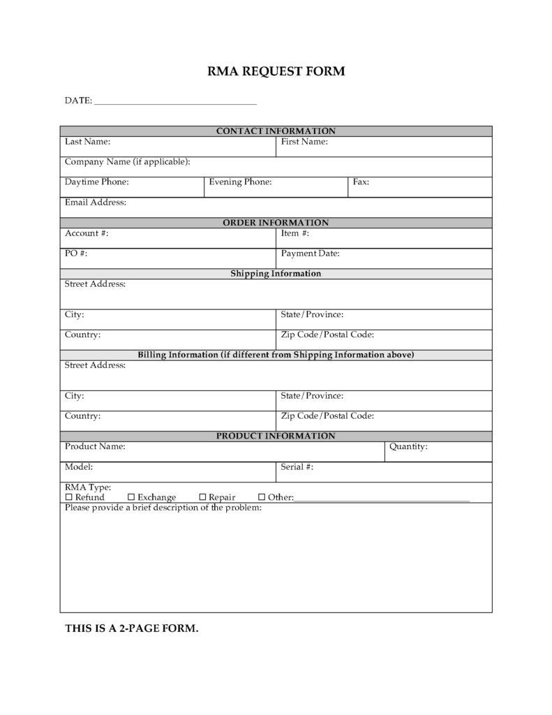 Return Material Authorization RMA Form Legal Forms And Business 