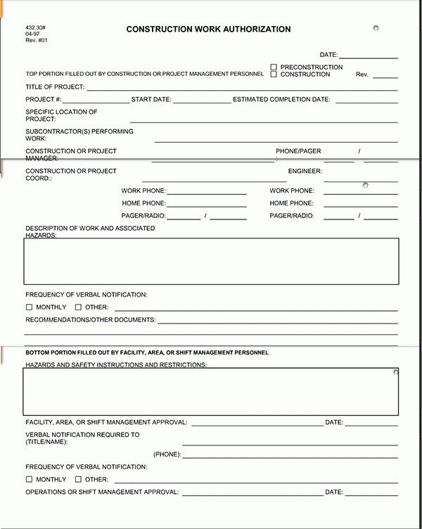 Sample Construction Work Authorization Form Construction Work