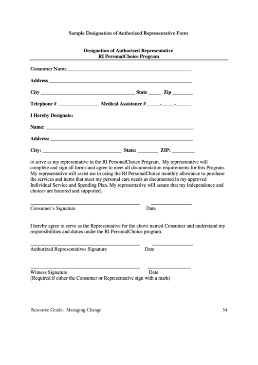 Sample Designation Of Authorized Representative Form Printable Pdf Download