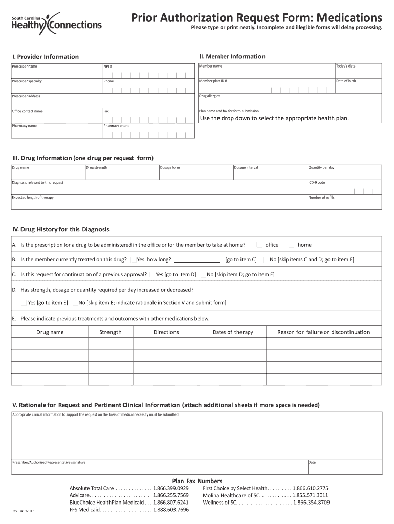 Sc Prior Authorization Fill Online Printable Fillable Blank 