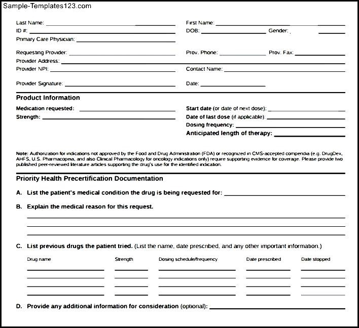 Simple Prior Authorization Form Sample Templates Sample Templates