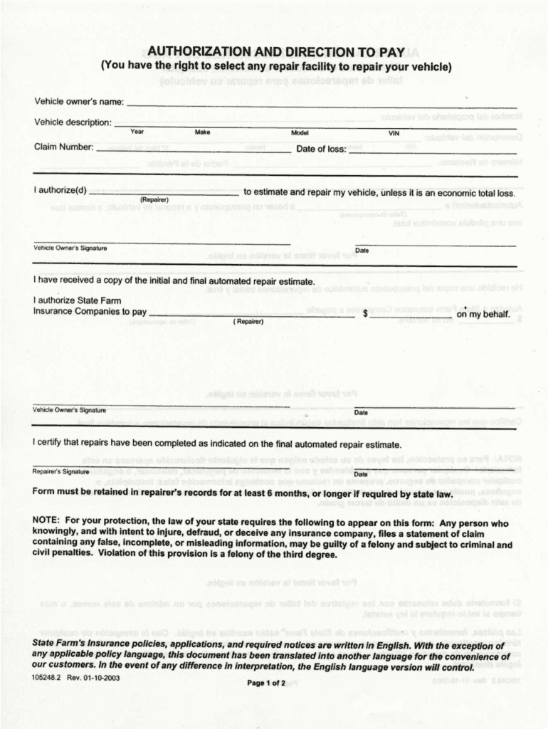 State Farm Insurance Authorization And Direction To Pay Form Fill Out 