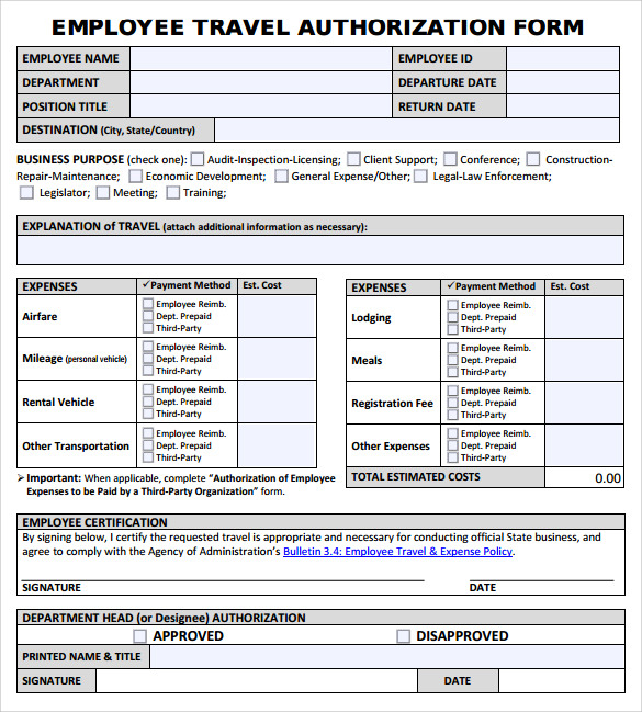 Travel Authorization Form Template HQ Printable Documents