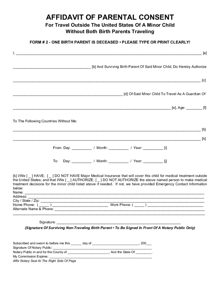 Travel Consent Form For Minor Child Traveling With One Parent 2022 