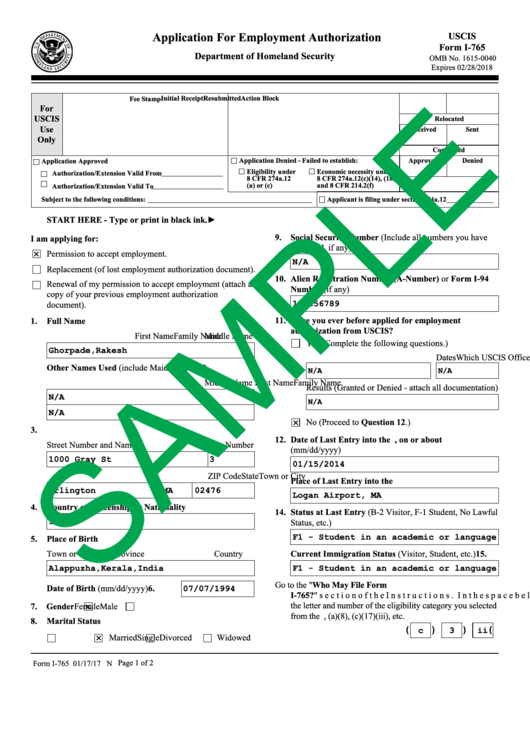 Uscis Form I 765 Application For Employment Authorization Printable 