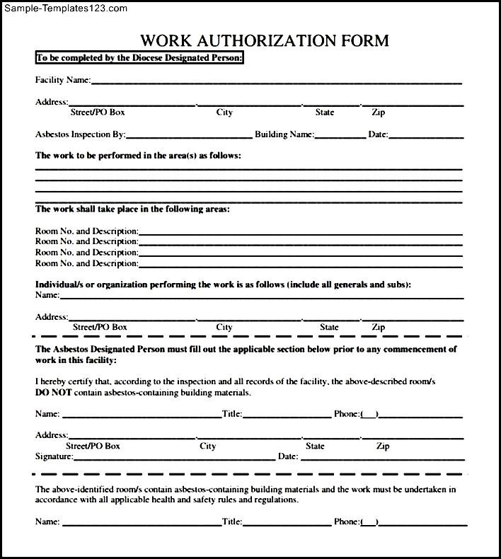 Work Authorization Form To Download Sample Templates Sample Templates